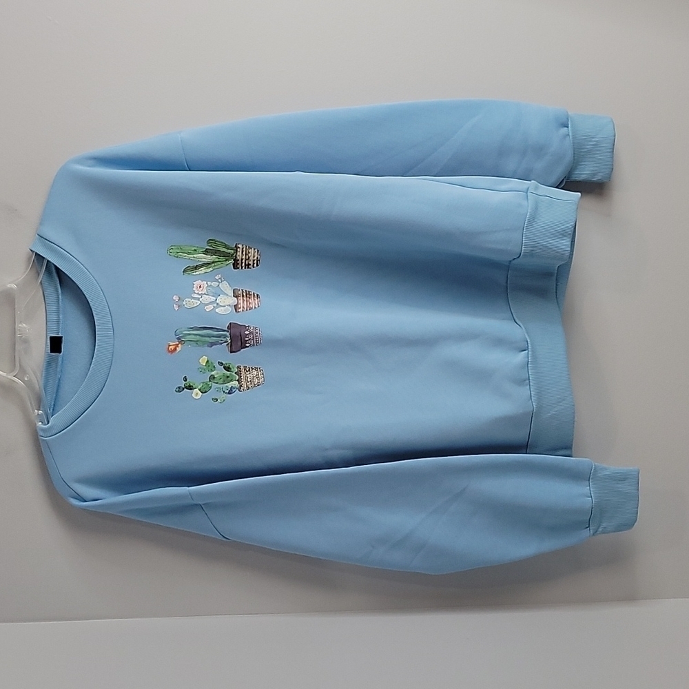 Oversized Shein Blue PLANTS Crewneck Sweatshirt Soft Fleece lining Small